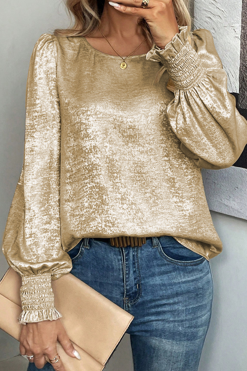 Apricot Metallic Round Neck Smocked Puff Sleeve Blouse