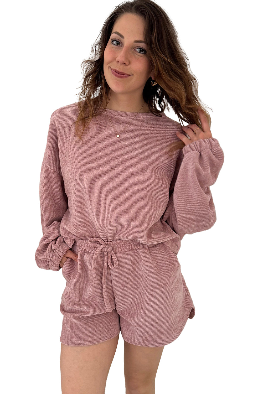 Black Textured Knit Drop Shoulder Pullover Drawstring Shorts Set