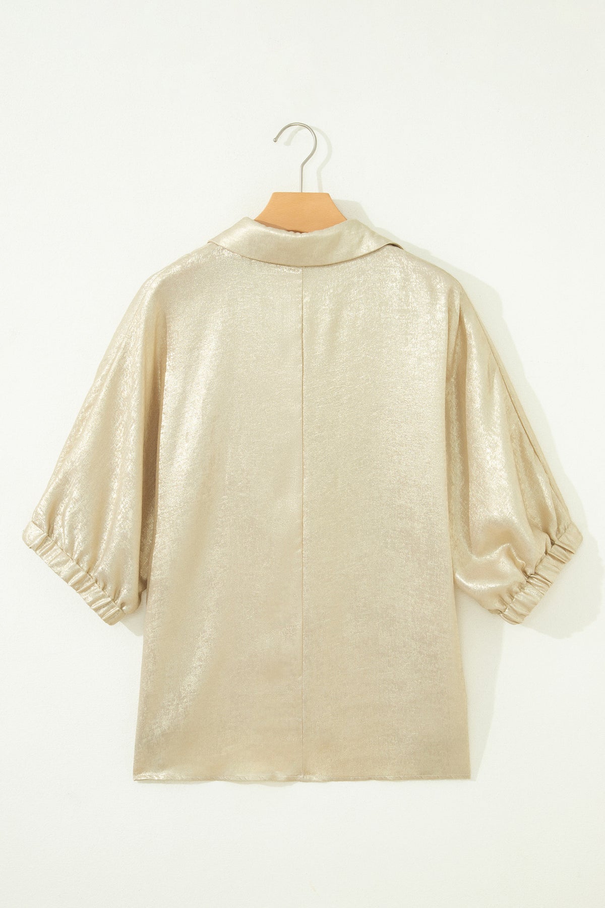 Strawberry Pink Collared V Neck Half Sleeve Metallic Top