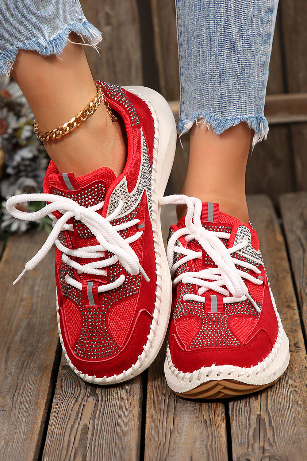Fiery Red Rhinestone PU Leather Platform Casual Sneakers