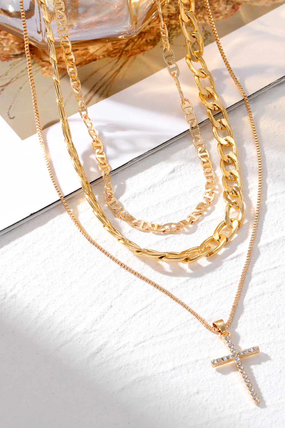 Silvery Rhinestone Cross Pendant Multi Layer Stacked Chain Necklace