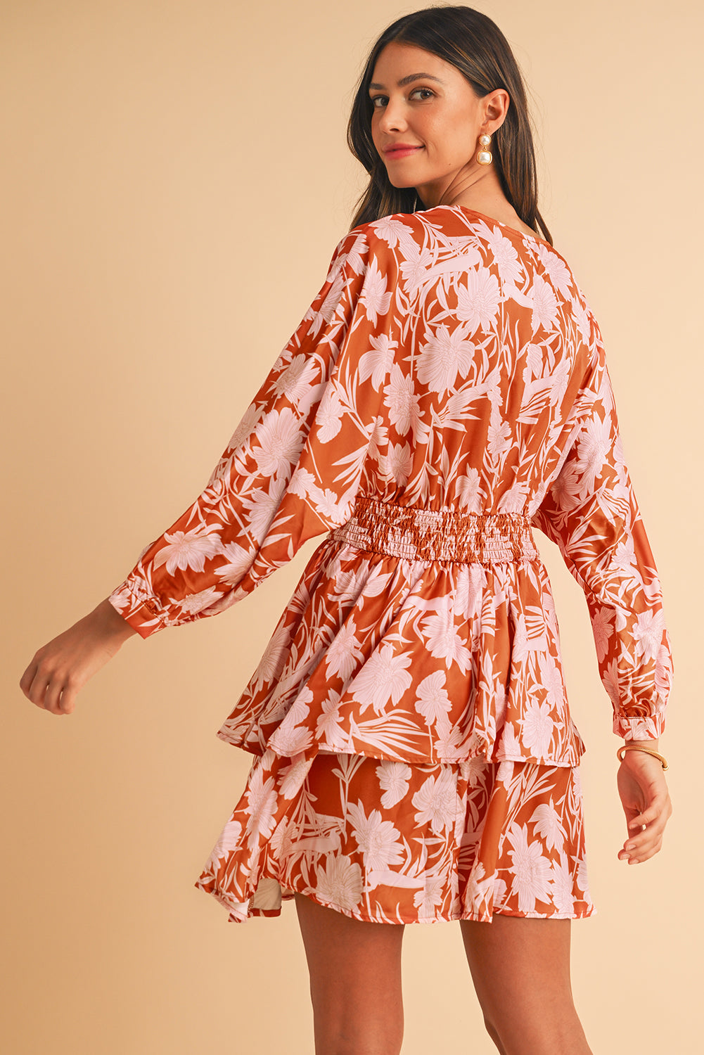 Brown Floral Puff Sleeve Shirred Waist Layered Dress