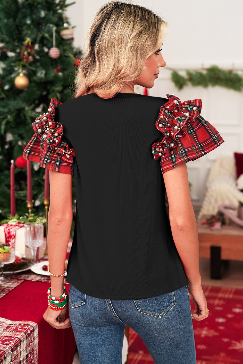 Black Pearl Plaid Ruffle Sleeve Loose T Shirt