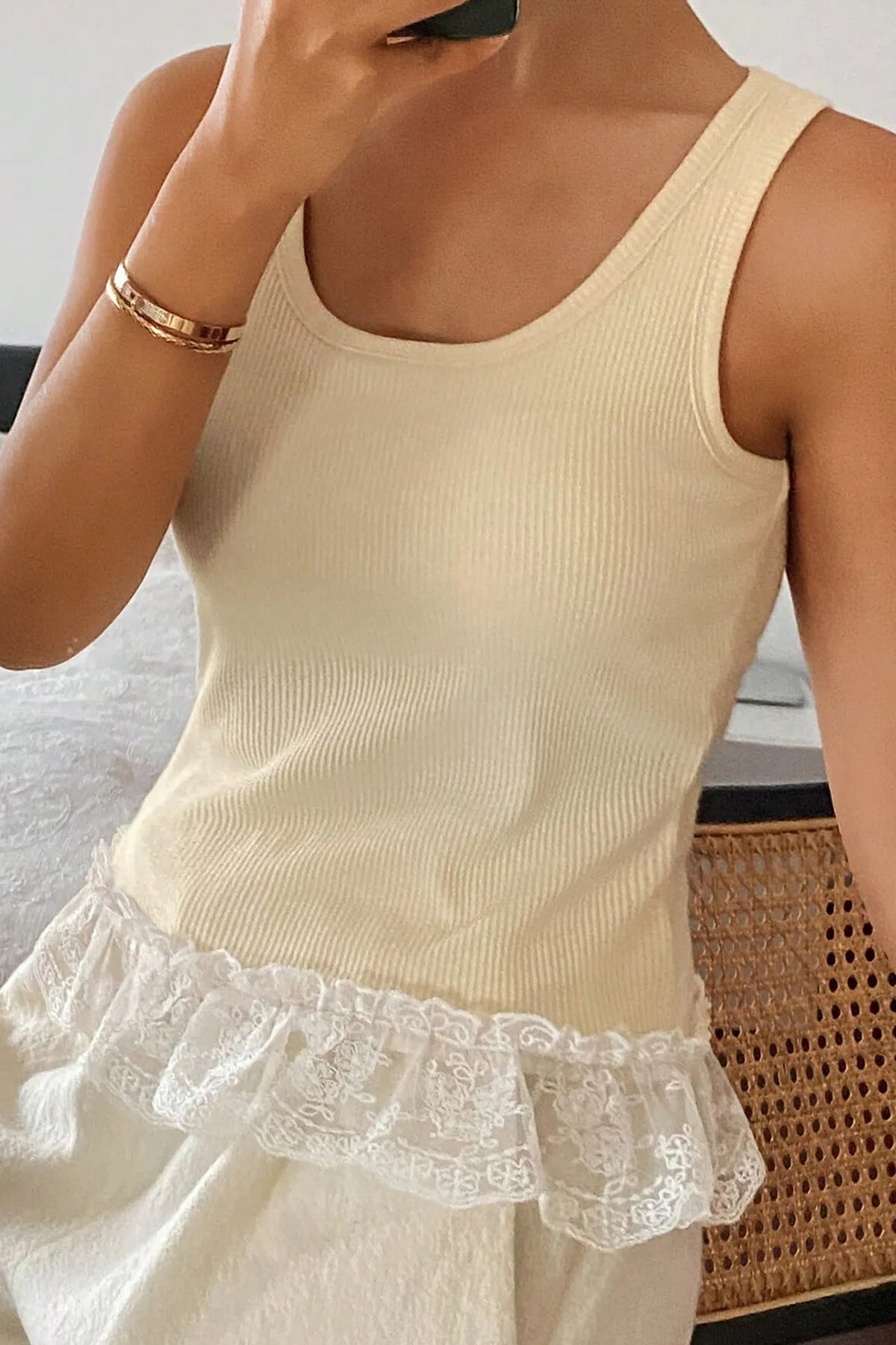 Coffee Ribbed Knit Sweet Lace Hem Vest