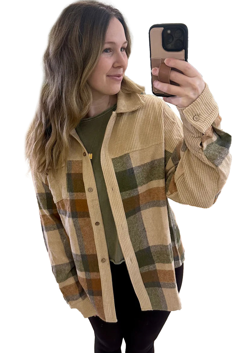 Parchment Plaid Patchwork Long Sleeve Shacket