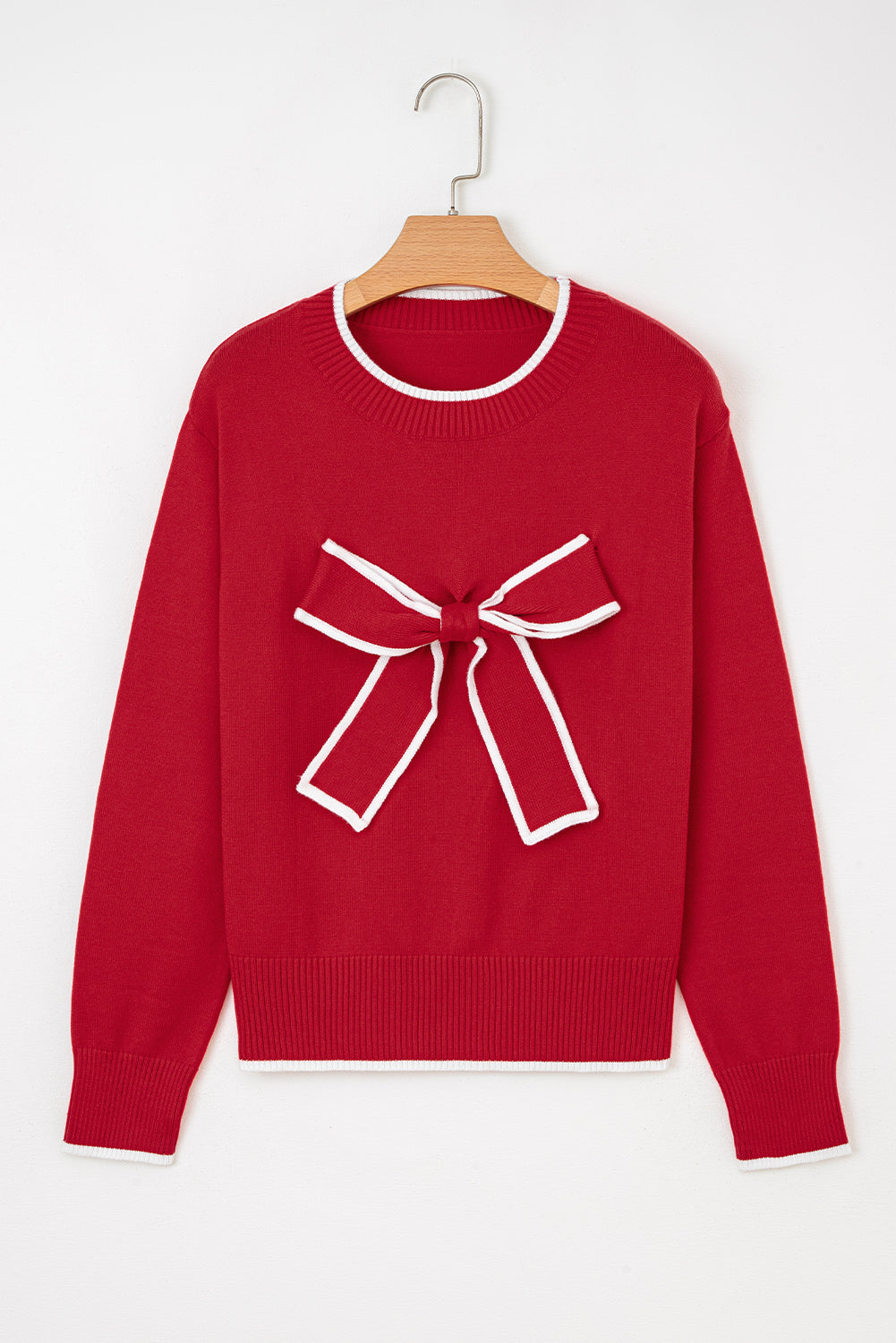 Fiery Red Contrast Trim Big Bow Accent Cropped Sweater