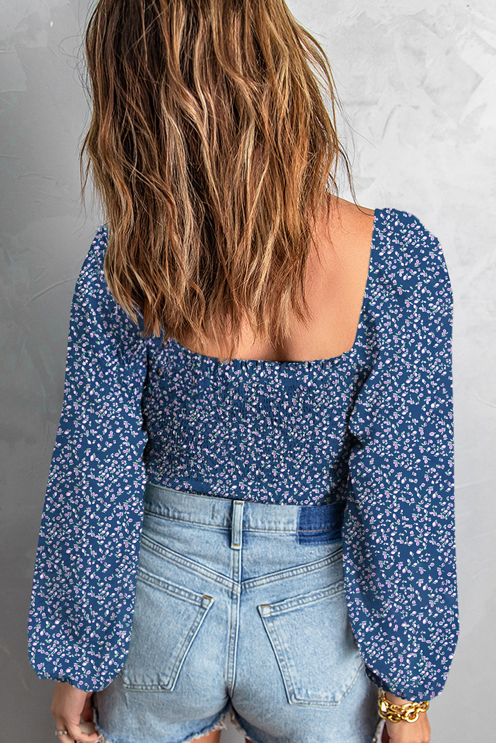 Blue Ditsy Floral Print Square Neck Smock Top