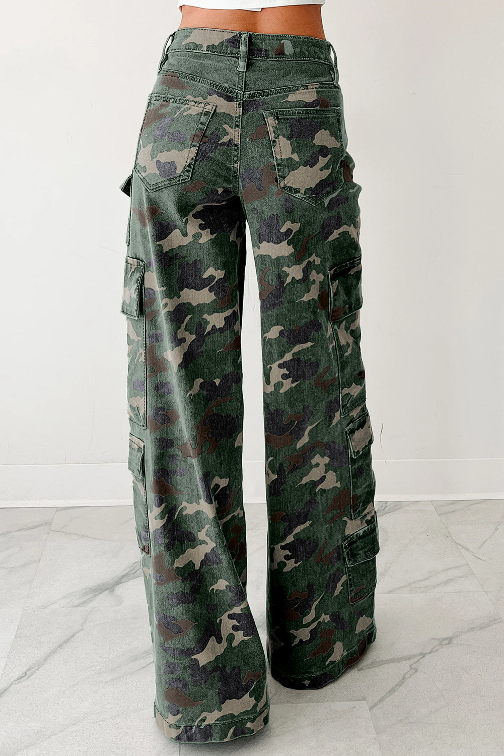 Green Camo Multi Pocket Cargo Wide Leg Jeans