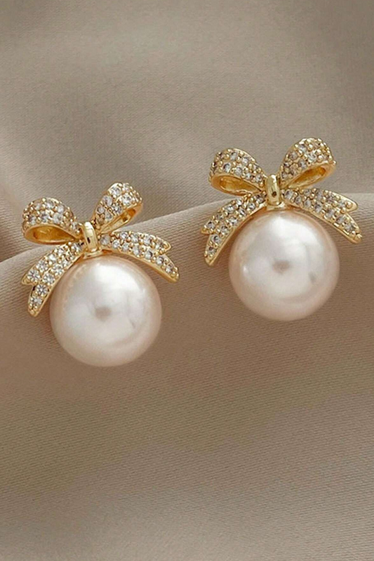 ✨ Gold Rhinestone Bowknot Pearl Earrings