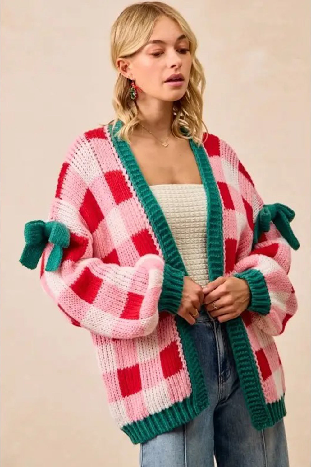 Pink Colorblock Checkered Open Front Knit Cardigan