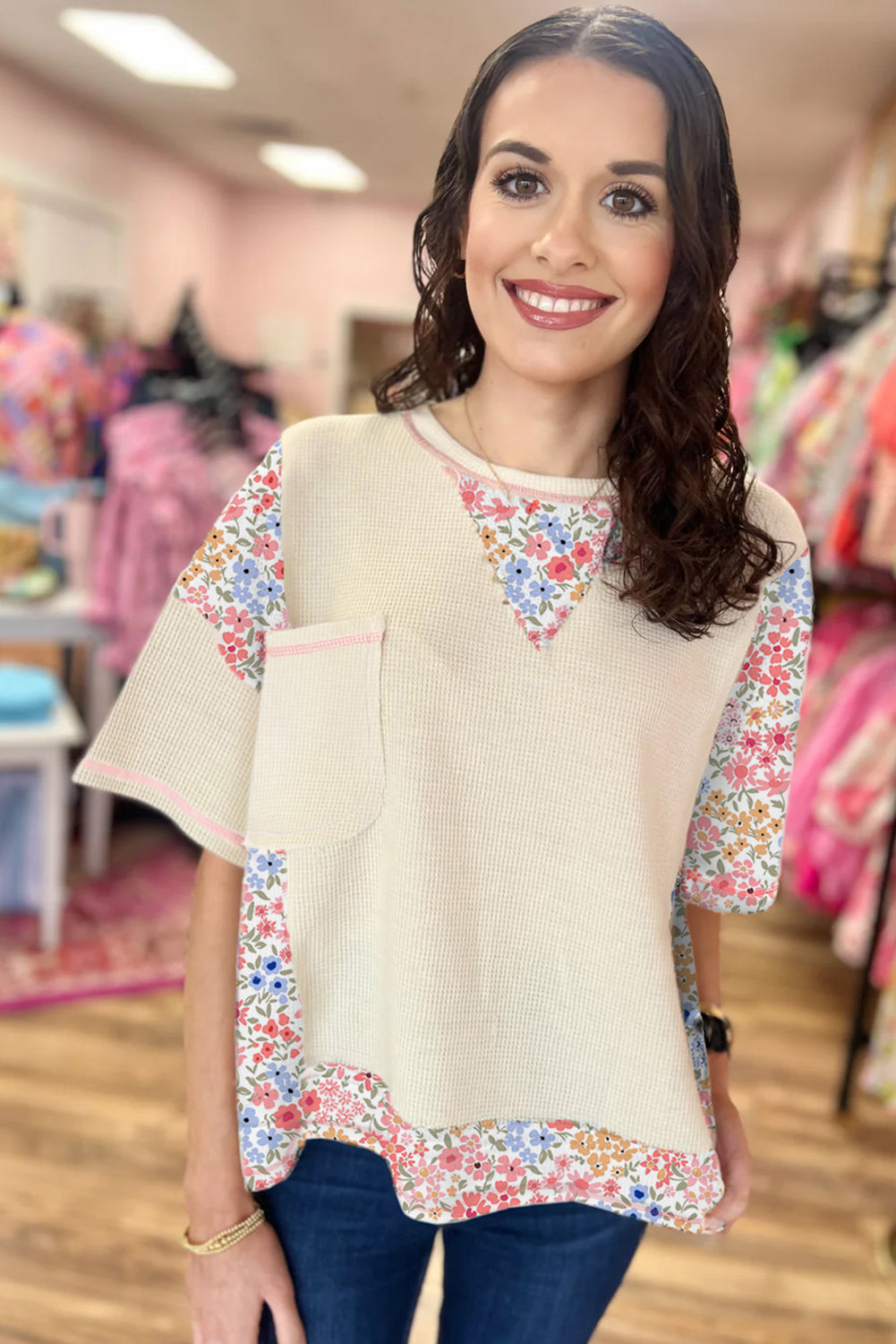 Beige Floral Patchwork Pocket Drop Sleeve Waffle T Shirt