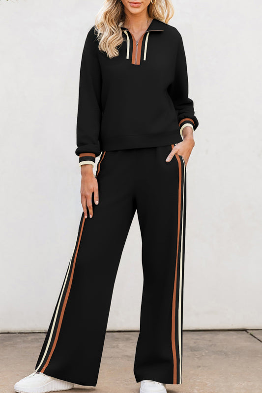 Black Striped Patchwork Quarter Zip Pullover Loose Pants Set
