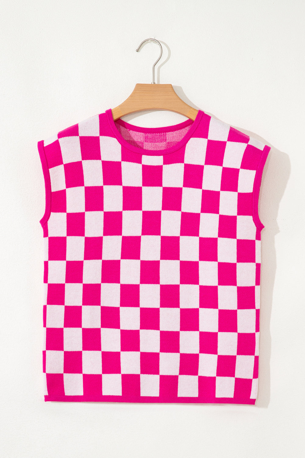 Rose Checkered Pattern Cap Sleeve Knitted Top