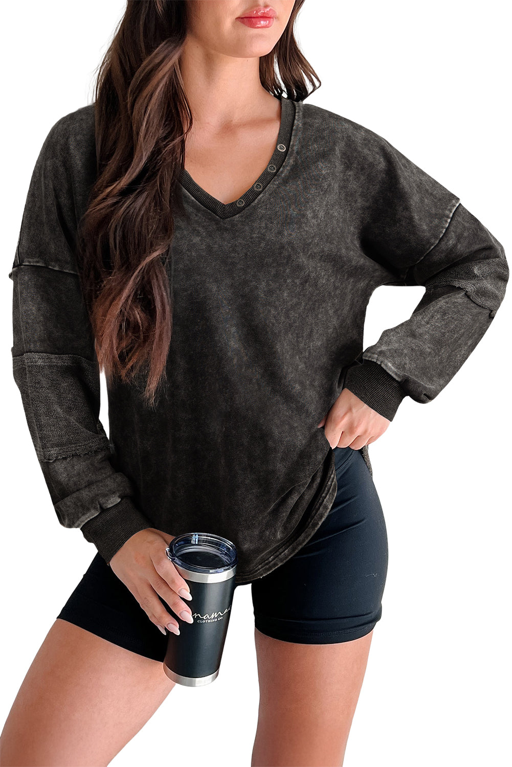 Carbon Grey Mineral Wash Exposed Seam Buttoned V Neck Pullover Top