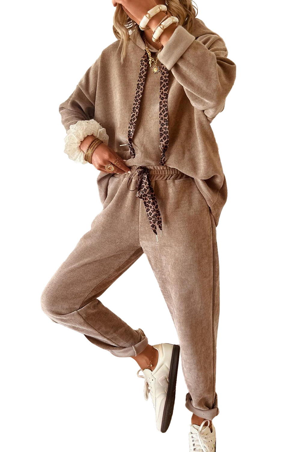 Dark Khaki Drawstring Pullover Hoodie and High Waist Pants Corduroy Suit