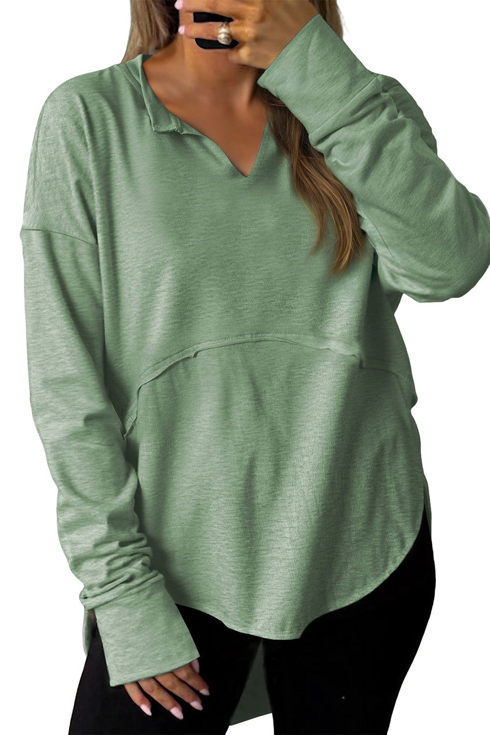 Smoke Green Notched Neck Terry Raw Hem Long Sleeve Top