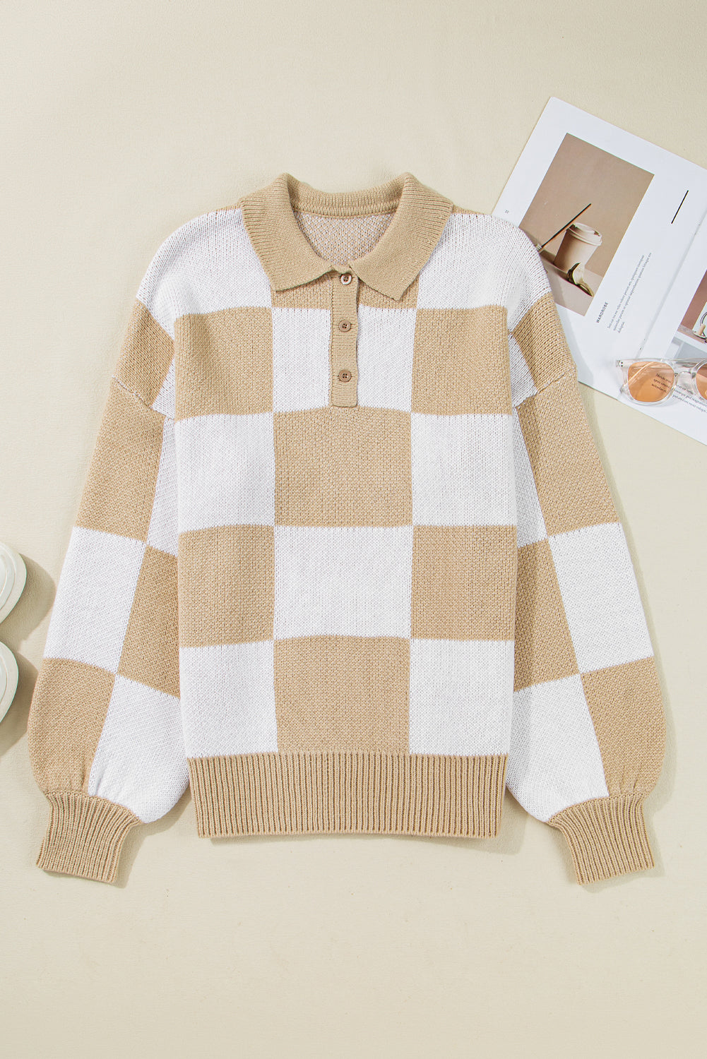 Mist Green Checkered V-Neck Collared Pullover Sweater