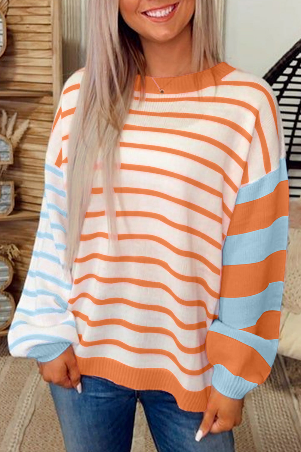 Gray Striped Colorblock Pullover Sweater