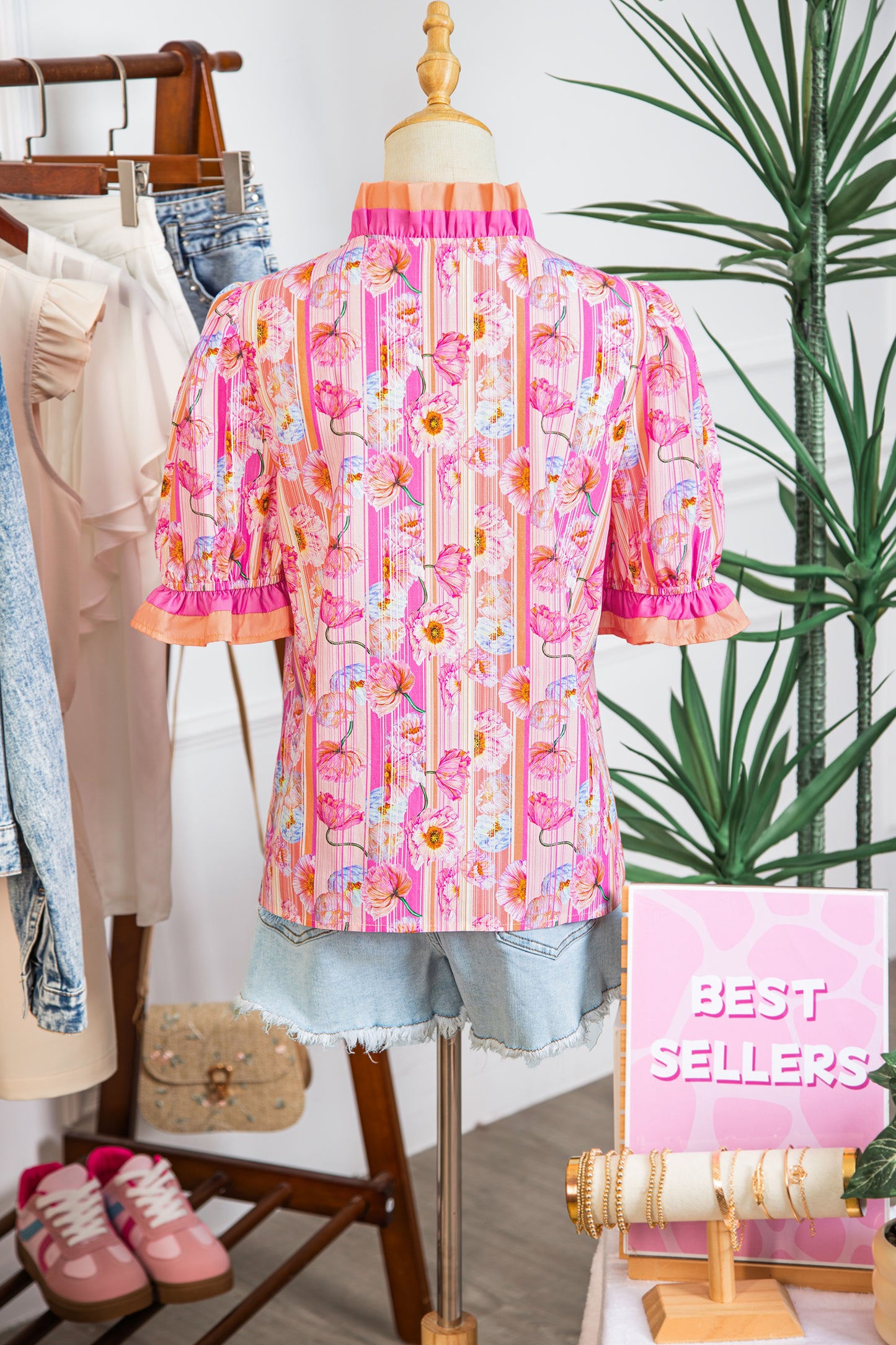 Pink Poppy Flower Striped Print Color Block Trim V Neck Short Sleeve Blouse