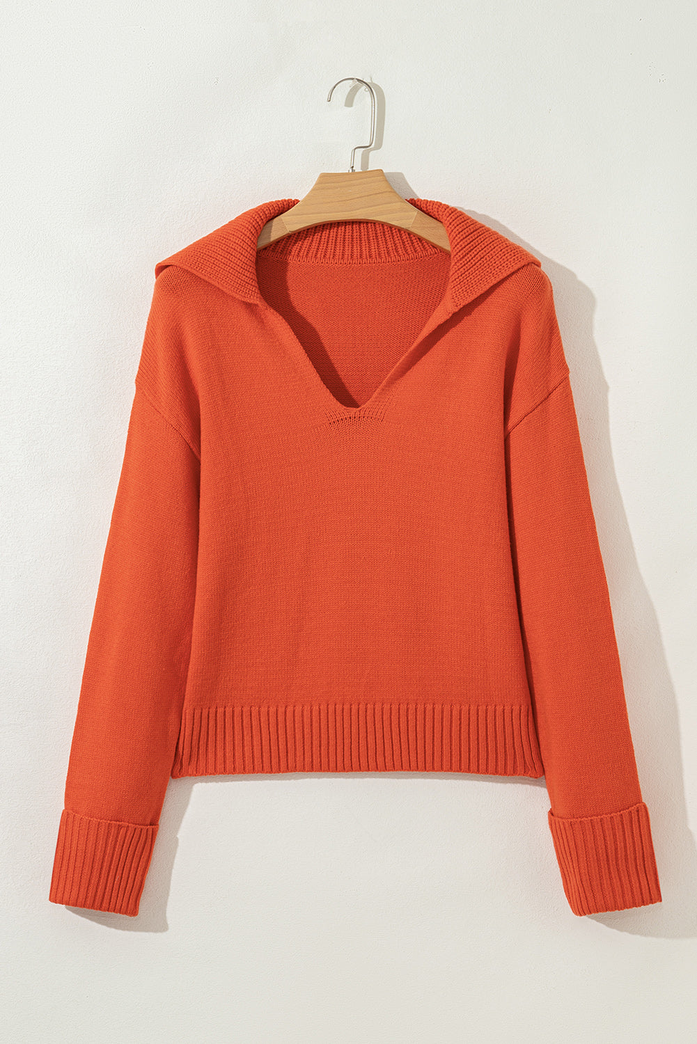 Racing Red Ribbed Edge Collared V Neck Loose Fit Sweater