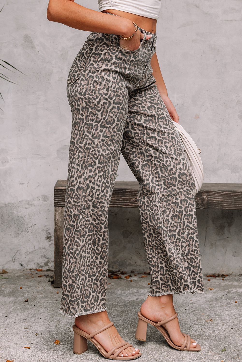 Rose Leopard Frayed Edge Wide Leg High Waist Jeans