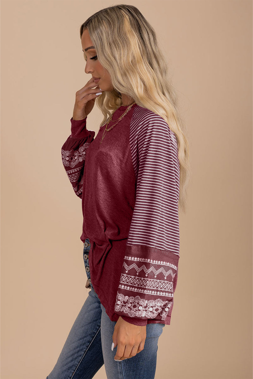 Mineral Red Contrast Print Striped Raglan Long Sleeve Loose Top
