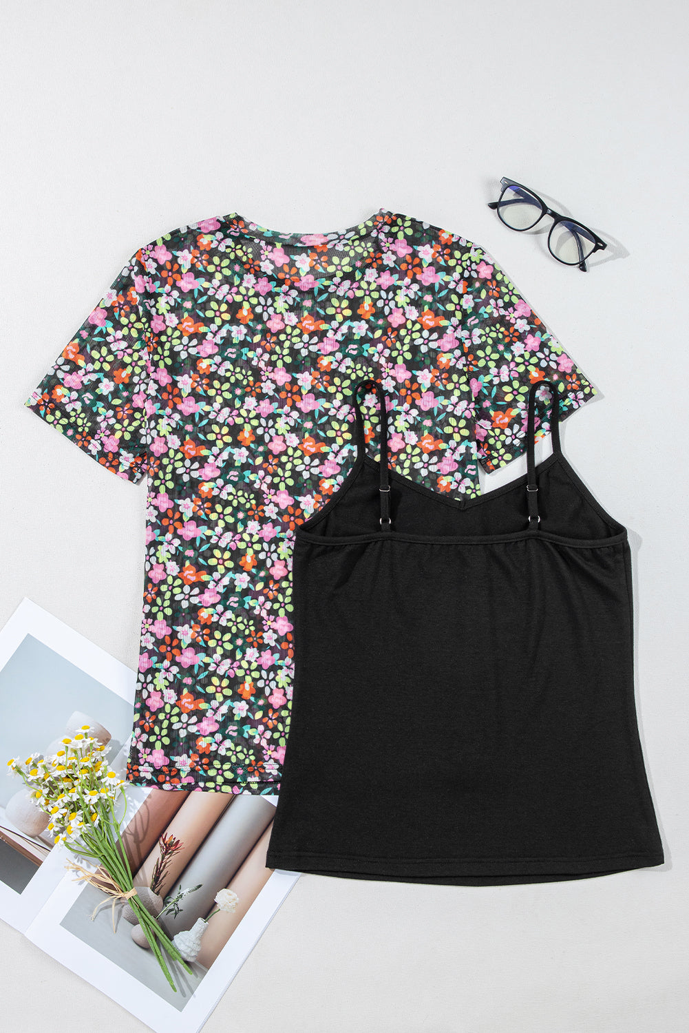 Black Sheer Mesh Floral Round Neck T Shirt with Camisole