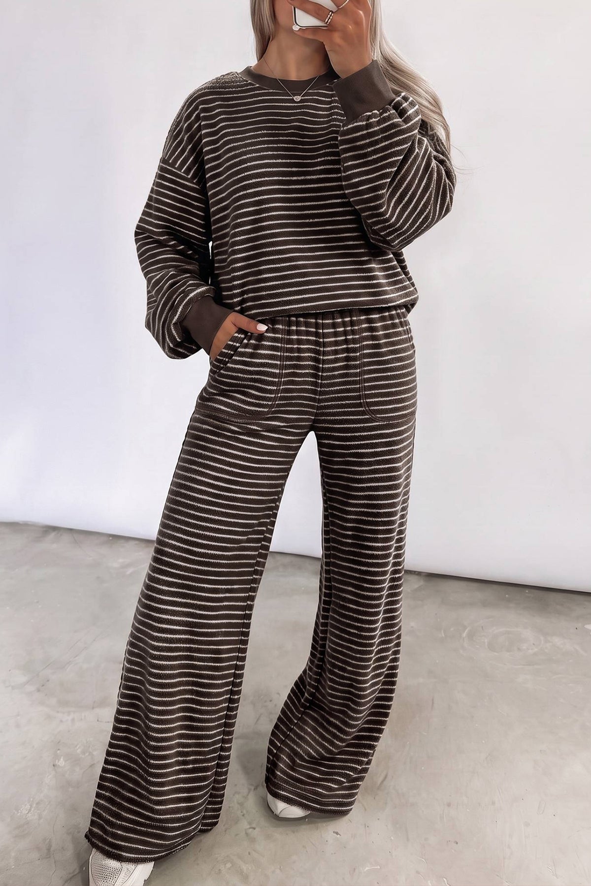 Black Stripe Cozy Terry Knit Long Sleeve Pullover Pocketed Shift Pants 2pcs Sets