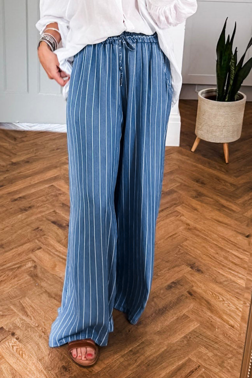 Sky Blue Stripe Chambray Wide Leg Tied Elastic Waist Trousers