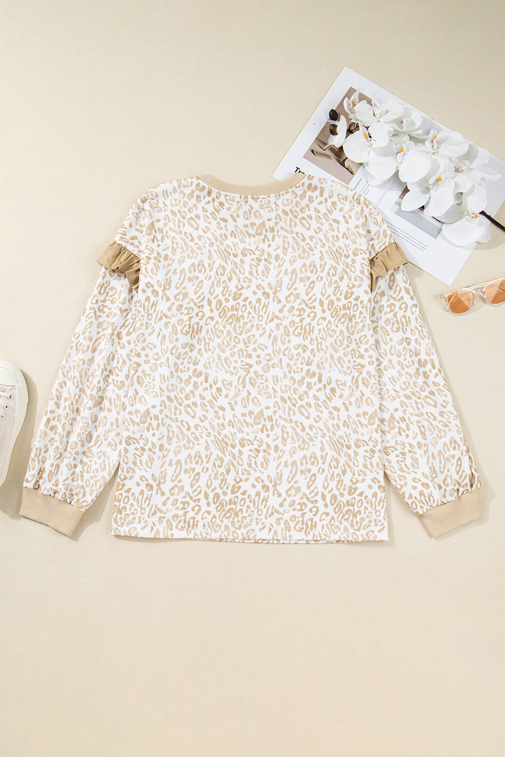 Khaki Plus Size Ruffle Arm Leopard Sweatshirt