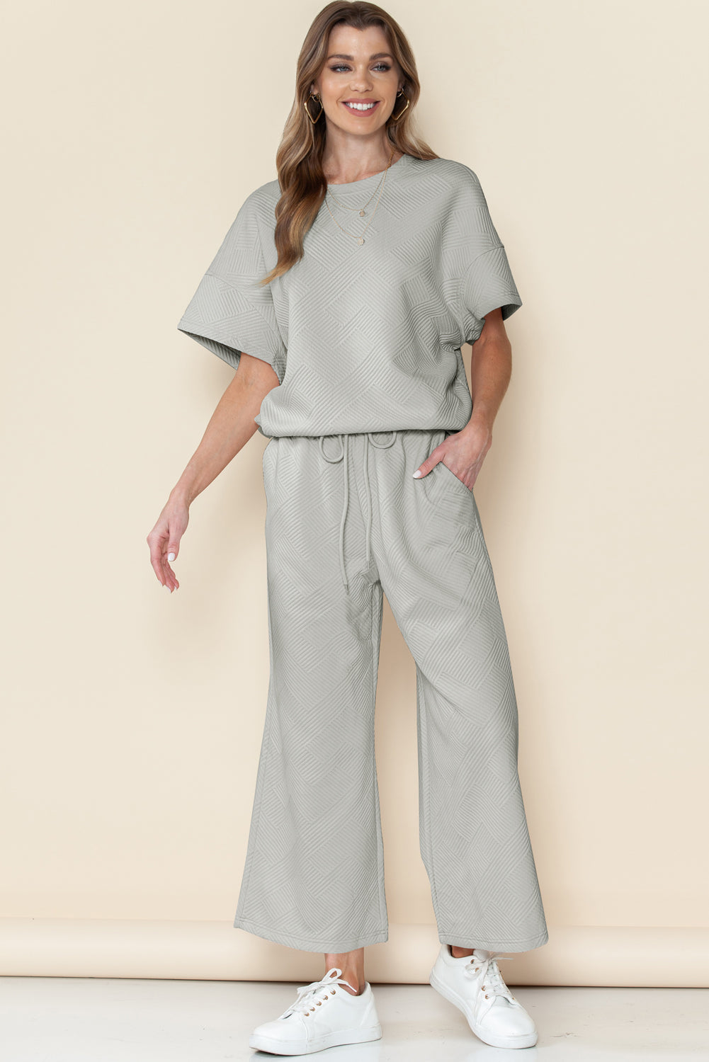 Gray Textured Loose Fit T Shirt & Drawstring Pants Set