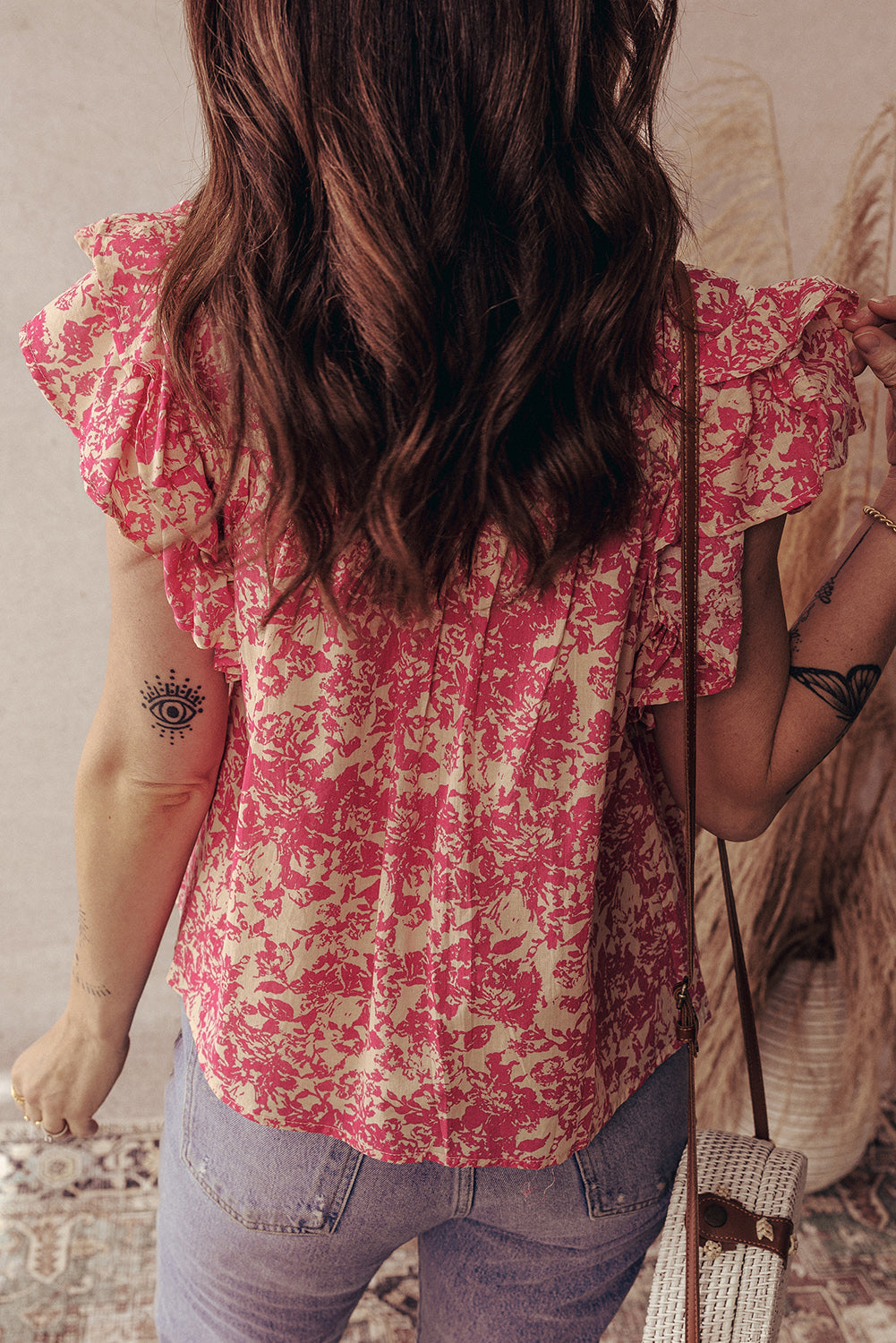 Rose Floral Print V Neck Ruffle Sleeve Blouse