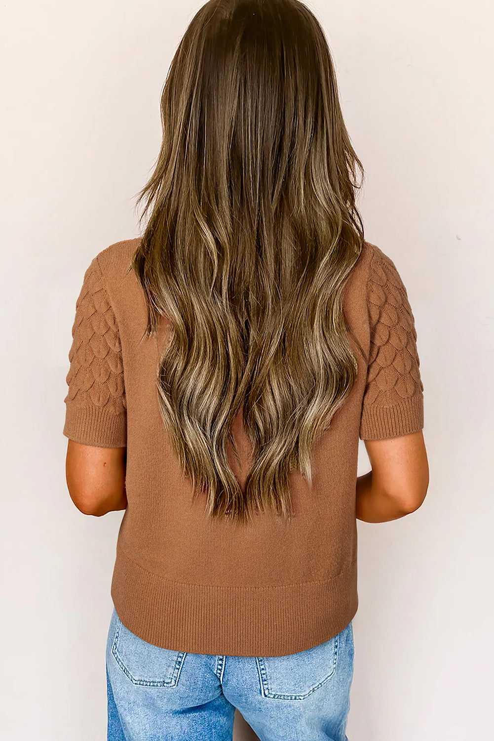 White Fish Scale Textured Knit Ribbed High Neck Short Sleeve Sweater