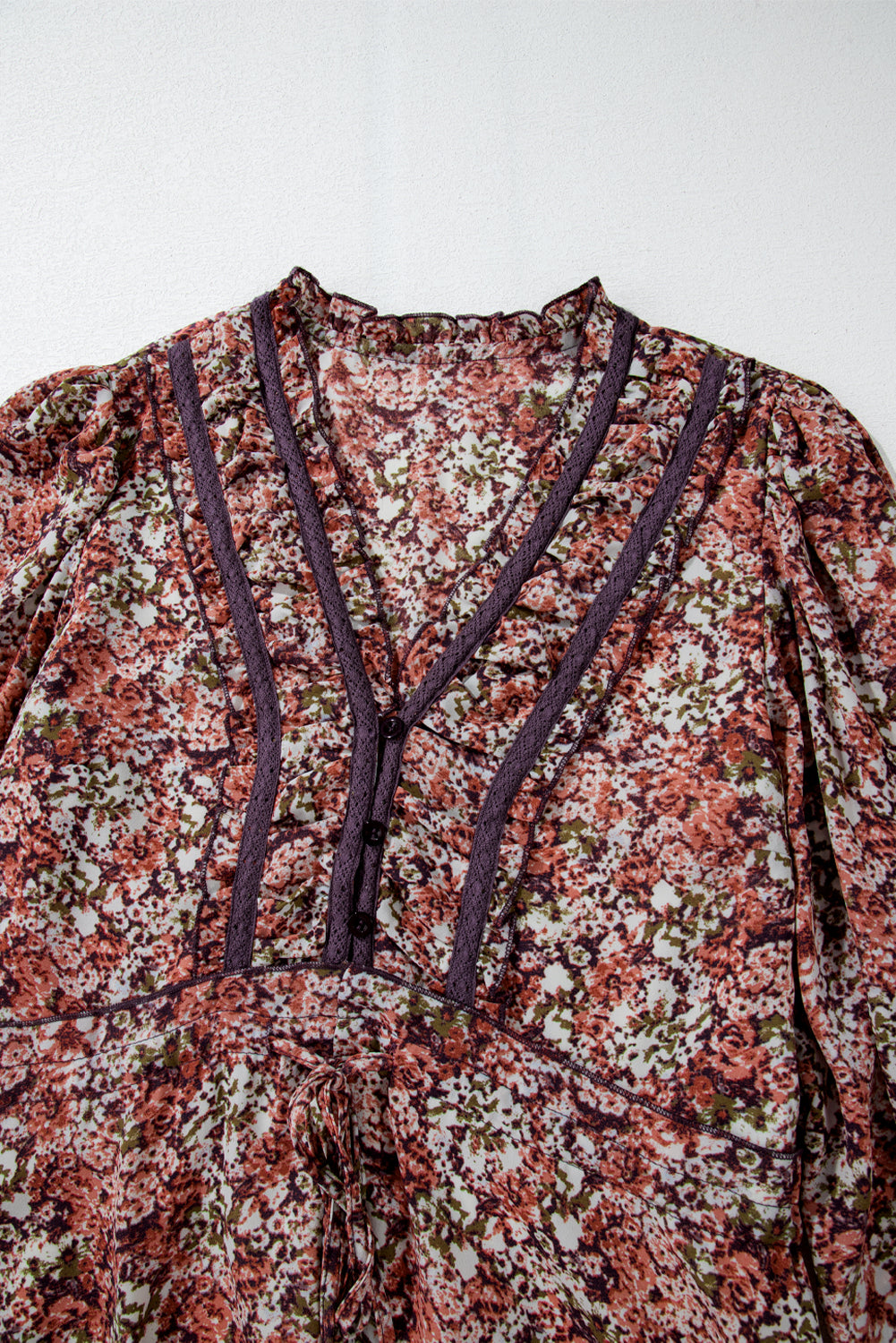 Brown Floral Print Frill V Neck Split Midi Dress