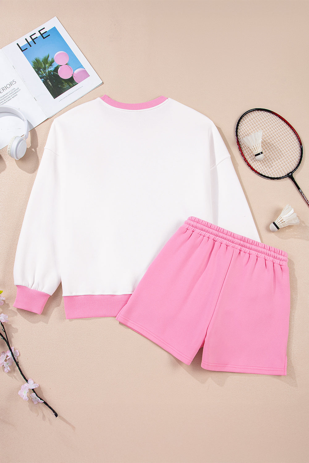 Strawberry Pink Colorblock Pullover and Drawstring Shorts Set