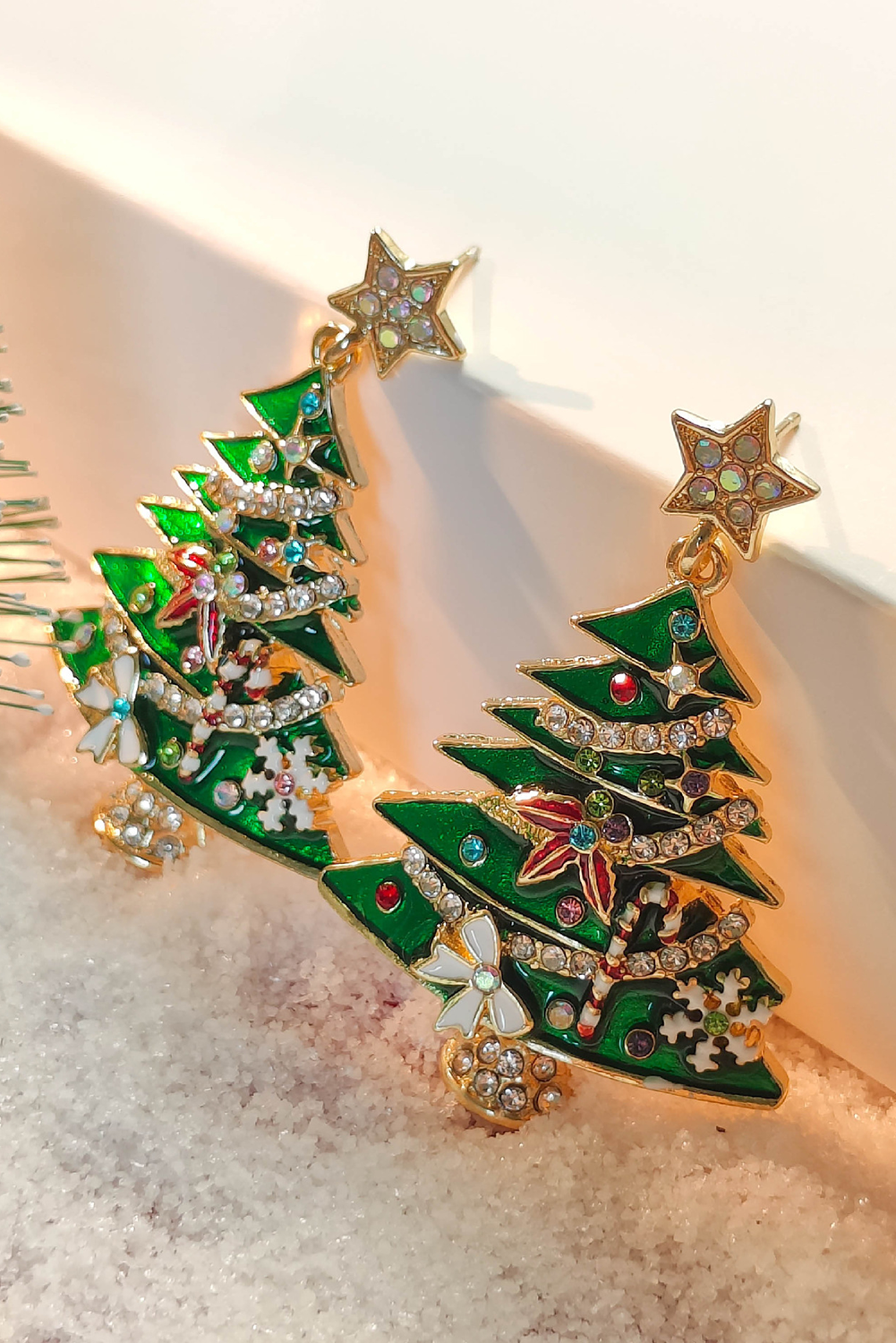 Bright Green Rhinestone Christmas Tree Drop Earrings