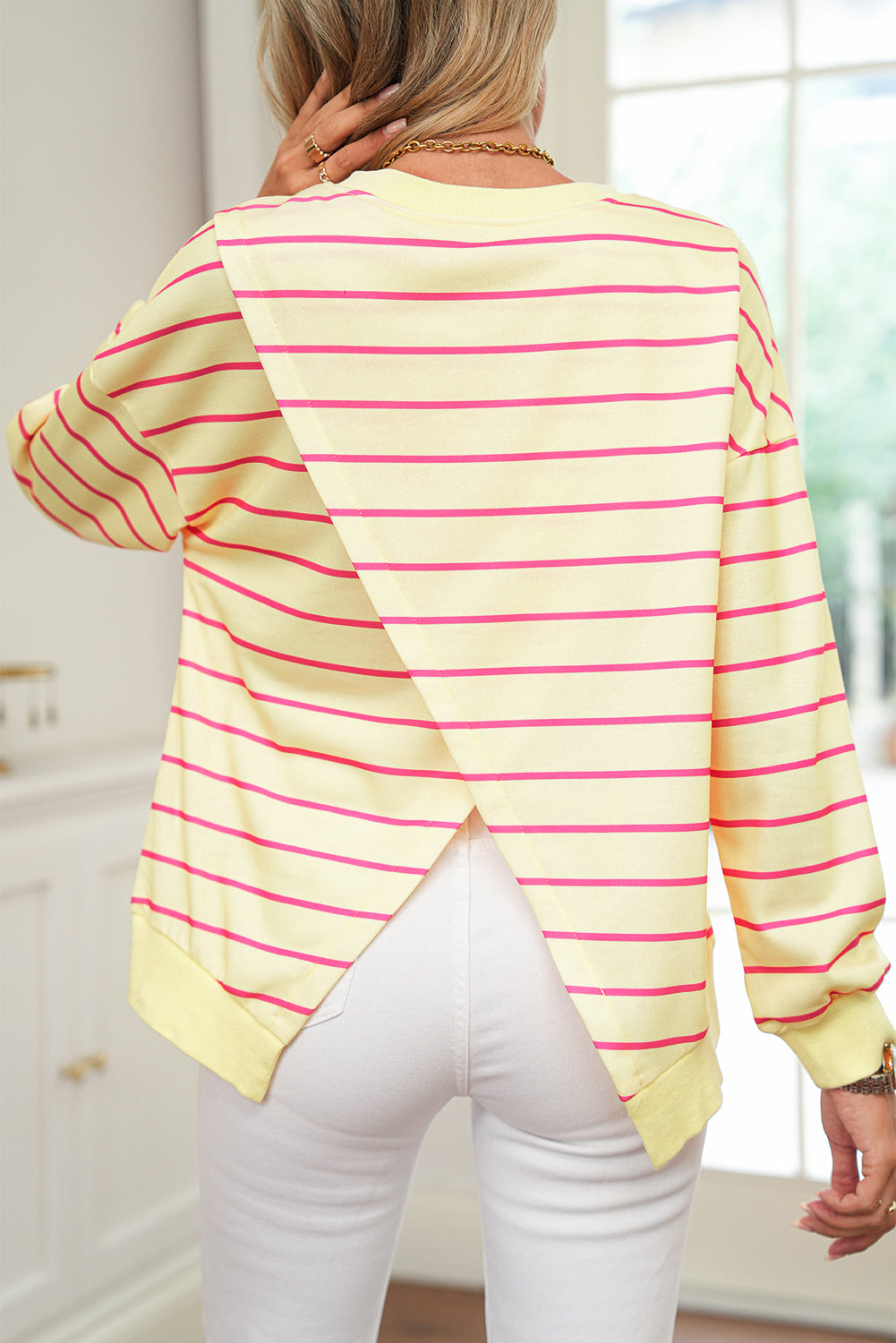 Blue Striped Overlap Detail Drop Shoulder Pullover Sweatshirt