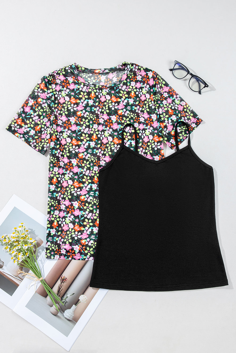 Black Sheer Mesh Floral Round Neck T Shirt with Camisole