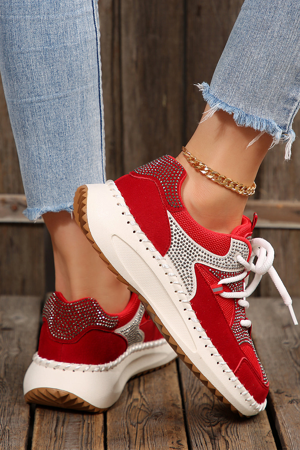 Fiery Red Rhinestone PU Leather Platform Casual Sneakers