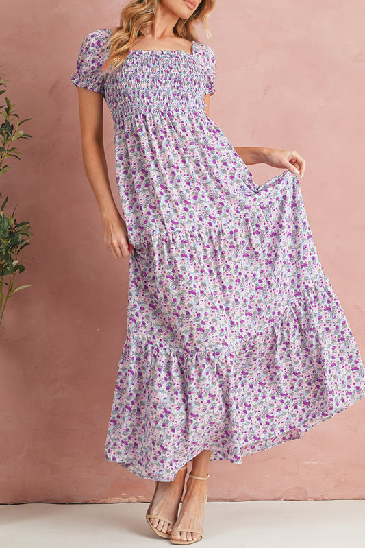 Purple Floral Short Bubble Sleeve Smocked High Waist Maxi Dress