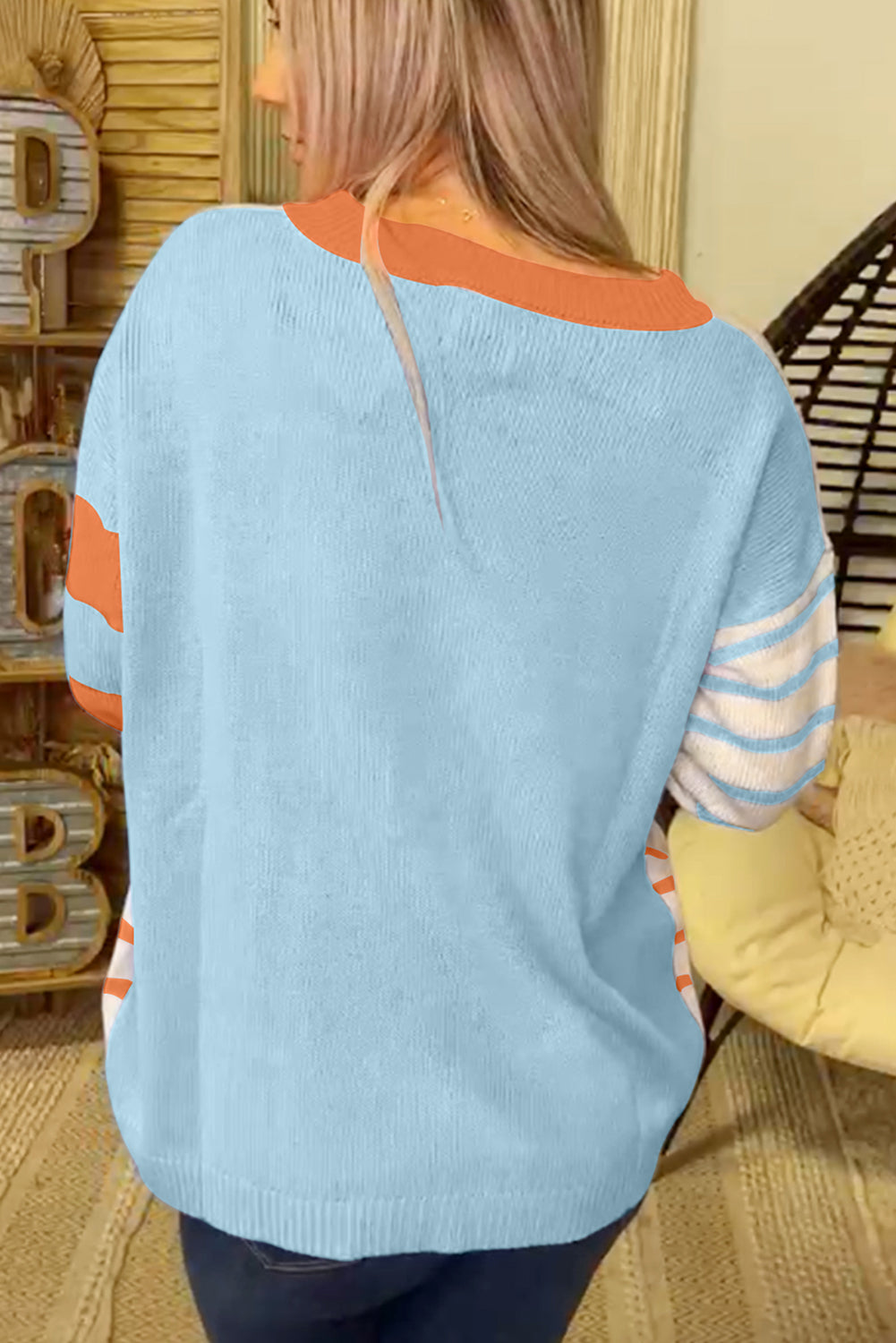 Gray Striped Colorblock Pullover Sweater