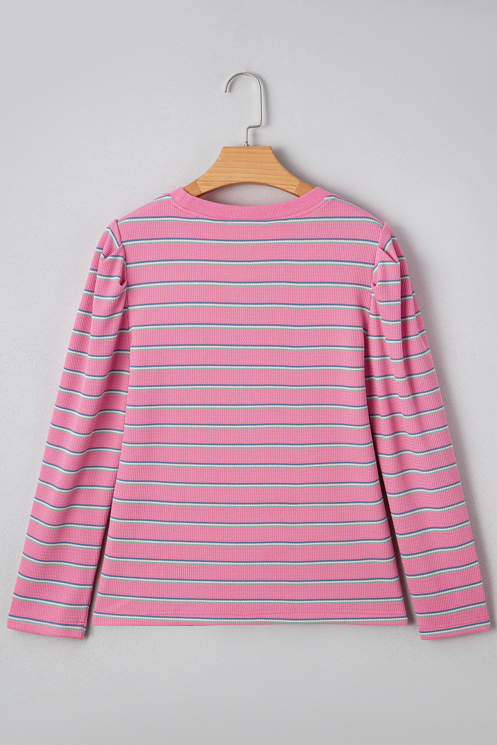 Rose Striped Textured Knit Puff Sleeve Round Neck Top