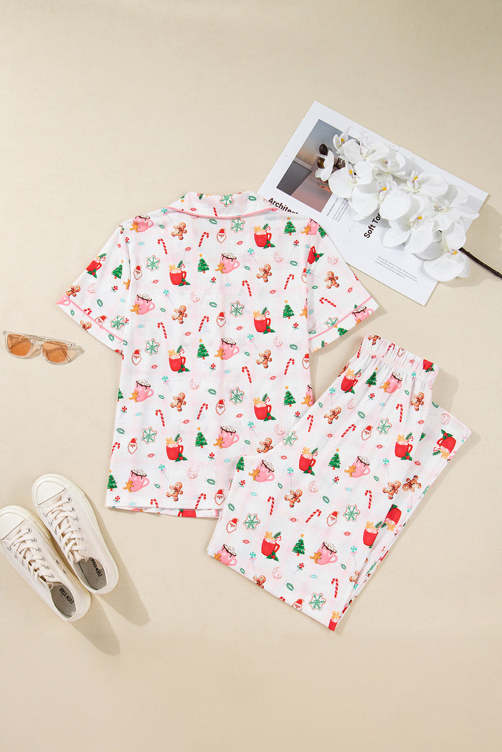 Pink Christmas Spirit Cute Holiday Print Short Sleeve Shirt and Pants Pajama Set