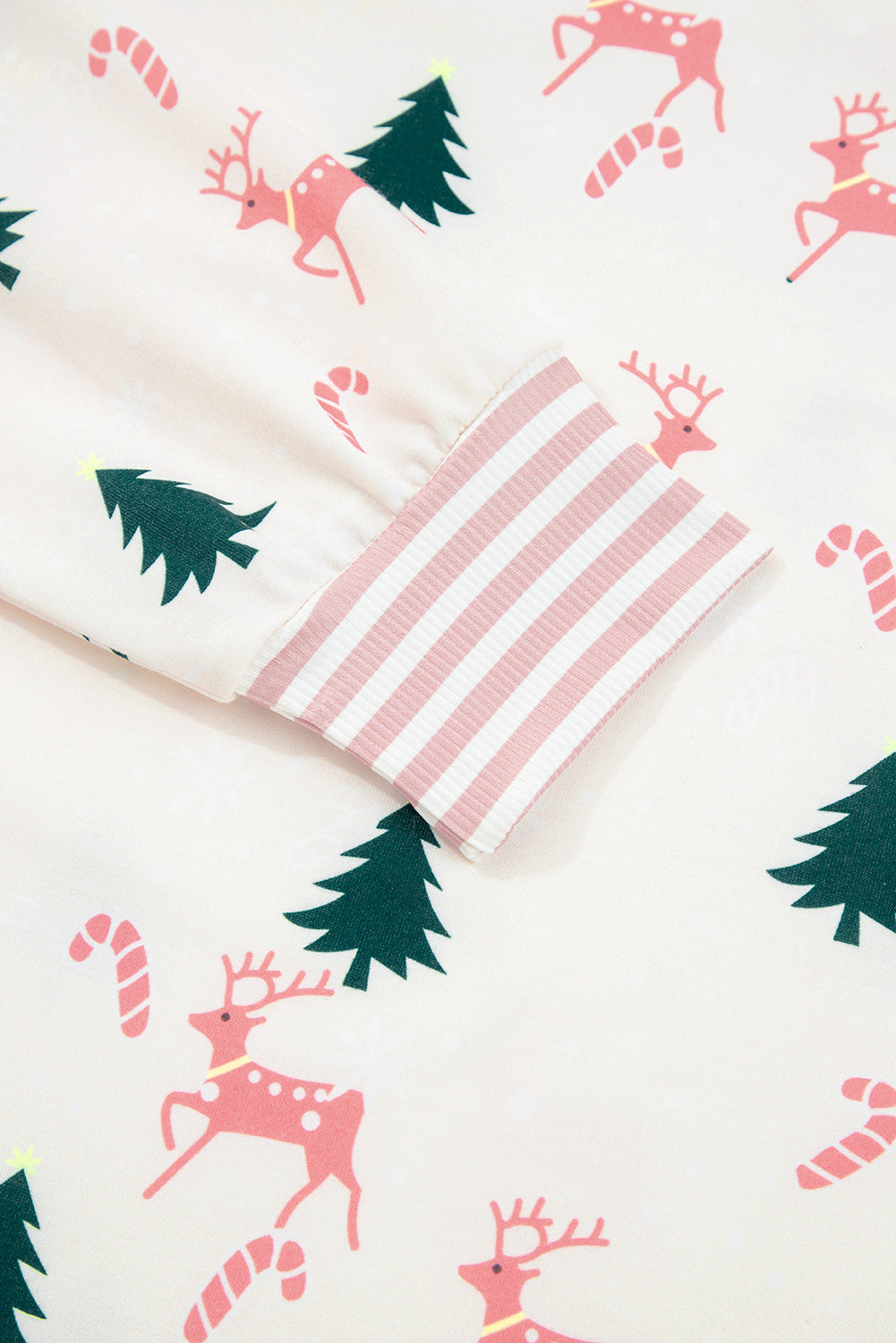 Pink Christmas Tree Reindeer Print Contrast Striped Trim Pajama Set
