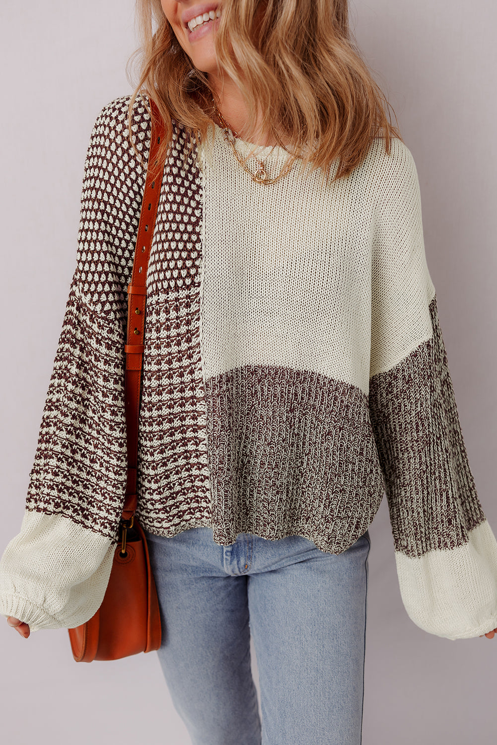 Dark Khaki Colorblock Back Tie Drop Shoulder Loose Sweater