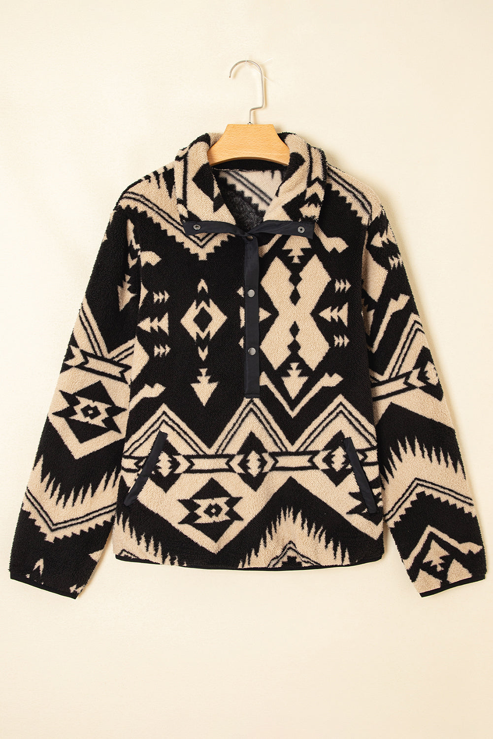 Black Vintage Geometric Half Zip Plush Sweatshirt