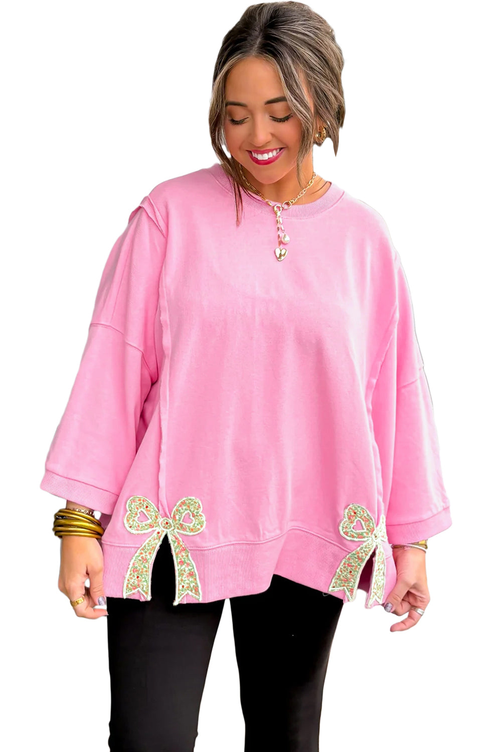 Fiery Red Floral Bow Patched Exposed Seam Patchwork Slit Baggy Sweatshirt