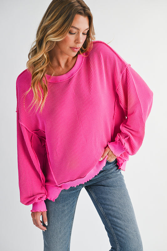 Strawberry Pink Twisted Ribbed Seamed Patchwork Long Sleeve Top