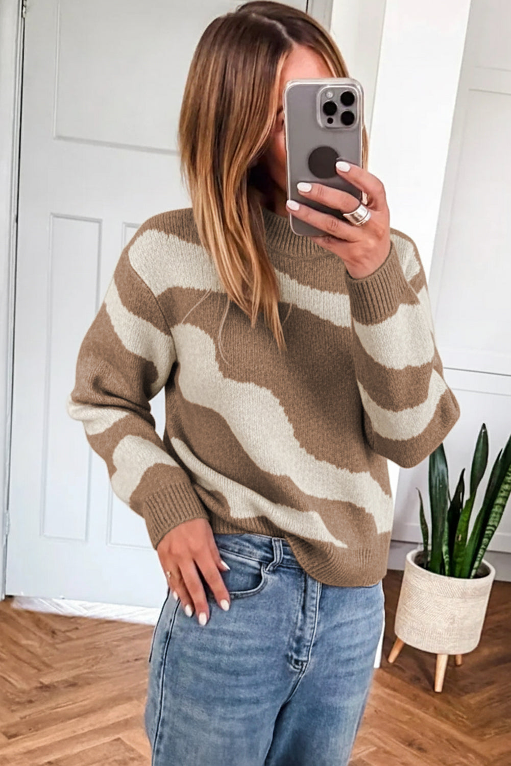 Dark Khaki Abstract Print Ribbed Trim Mock Neck Chic Sweater