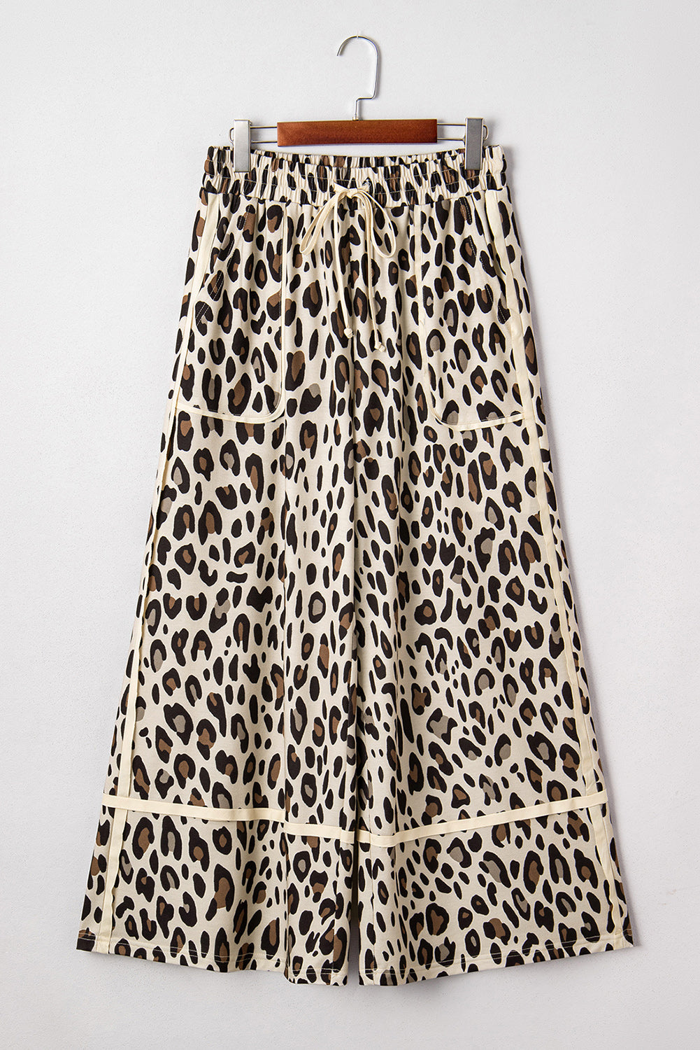 Khaki Leopard Drawstring Wide Leg Cropped Pants